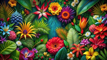 Fototapeta premium Vibrant exotic floral featuring a colorful array of tropical flowers and plants , vibrant, exotic, floral,colorful, tropical