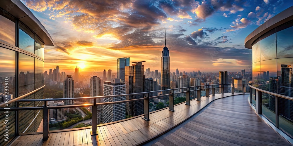 Poster Panoramic view of city skyline and colorful sunset from a luxurious balcony, beauty, view, balcony, city, skyline