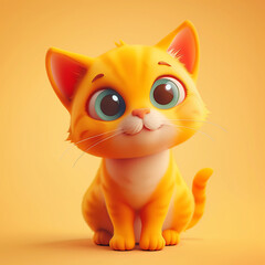 Fototapeta premium Adorable illustration of a yellow cartoon kitten with large blue eyes, sitting on an orange background. 