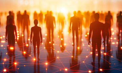 Fototapeta premium Silhouettes of people connected by glowing network lines with a warm, sunrise background, representing digital connectivity and social interaction