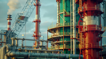 Petrochemical tower with gas pipes and cranes in the background