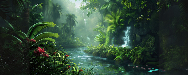Fototapeta premium Lush tropical rainforest with stream and waterfall on a sunny day