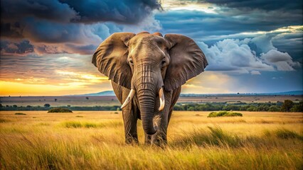 Fototapeta premium Majestic elephant standing in savannah, wildlife, African, majestic, nature, tusks, trunk, safari, mammal, herbivore