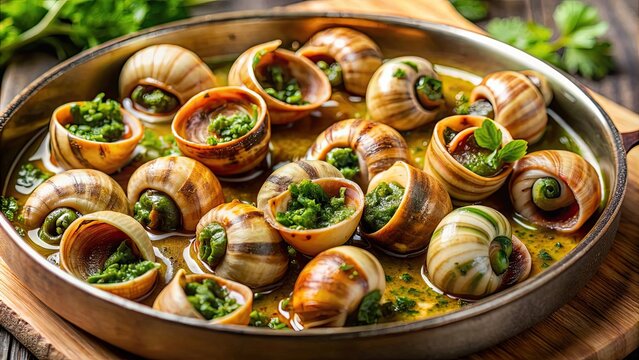 Close-up of French Escargot served in garlic butter sauce, gourmet, delicacy, French cuisine, escargot