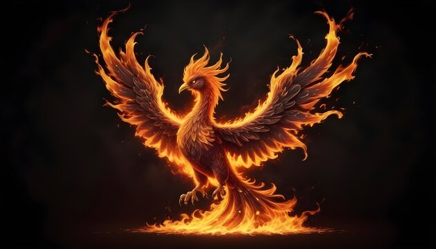 Hot burning flame phoenix behind dark