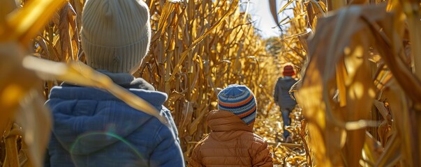Kids visiting a corn maze for National Fossil Day, October 17th, exploring twists and turns amidst fall foliage, 4K hyperrealistic photo.