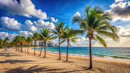 Sunny beach with palm trees and clear blue water in Fort Lauderdale, Florida, beach, Fort Lauderdale, Florida, sunny