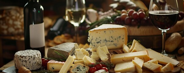 Celebrating National Cheese Day with a cheese tasting event, variety of cheeses and wine, 4K hyperrealistic photo.