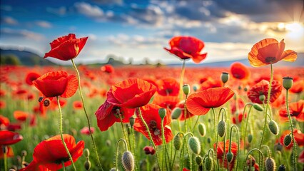 Obraz premium Vibrant red poppies blooming in a colorful field during summer , Flowers, poppies, red, field, vibrant, blooming, summer, spring