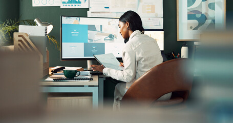 Woman, document and computer in office at house for reading report, finance budget or accounting growth of company. Female person, paperwork and review analysis, kpi progress and business development