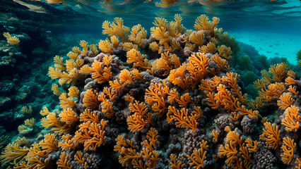 Obraz premium the beauty of the ocean from a diver's perspective with coral reefs included, diving under clear water