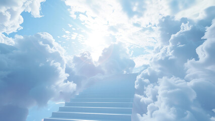 a stairway ascending into the sky, surrounded by clouds. The stairs are made of white, fluffy clouds and lead upward, disappearing into a bright, serene sky. 