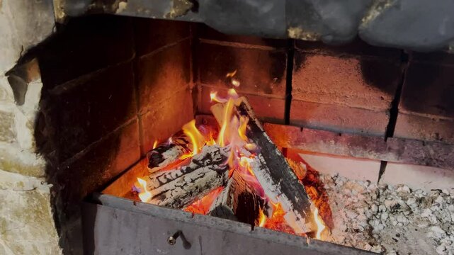 Burning firewood in fire-box of fireplace.