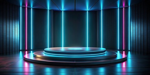 Futuristic neon-lit podium in dark room for product showcase or award ceremony, futuristic, neon