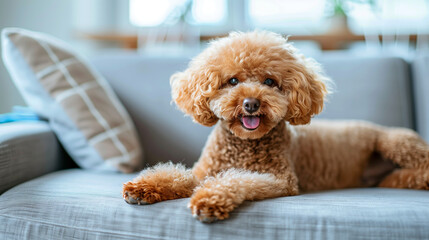 A poodle lying on a sofa looking at the camera and smiling, Ai Generated Images