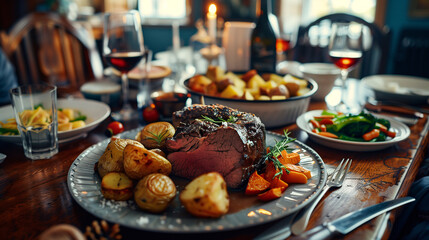 a classic Sunday roast, featuring a juicy roast beef, crispy roasted potatoes, and steamed vegetables, served on a family dining table 