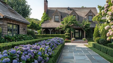 suburban farmhouse with a New England cottage style, featuring a shingled roof and hydrangeas lining the walkway