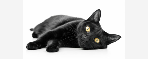 Black cat lying on white background with yellow eyes