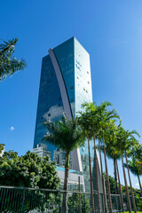 High-luxury building, modern and with a beautiful colorful look. Cloudless blue sky. Space for advertising. Vertical.