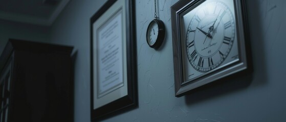 a clock hanging on the wall next to a framed award, grey blue, dark light, night time