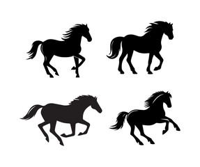 Collection of silhouettes of horses, herbivorous domestic animal isolated against white background 