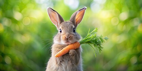 Fototapeta premium Adorable rabbit holding a fresh carrot, rabbit, bunny, carrot, cute, adorable, animal, pet, eating, healthy, fresh, garden