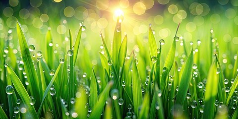 Fototapeta premium Vibrant green grass background with dew drops, nature, environment, foliage, lawn, texture, freshness, meadow, spring