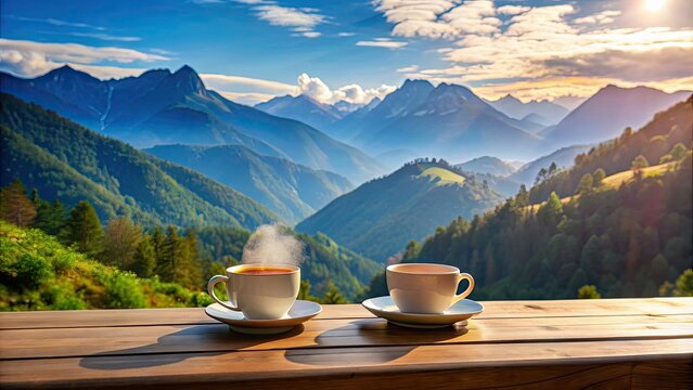 Coffee cups on a table with a stunning mountain view in the background, coffee, mountains, nature, adventure, travel