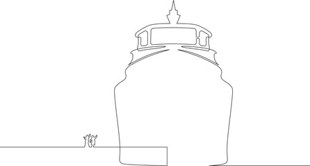 Ship's arrival at the port. Meeting on the pier. The ship is sailing. Sea transport. One continuous line drawing on a white isolated background. Minimalism linear illustration.