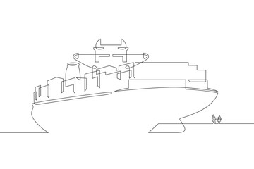 Ship's arrival at the port. Meeting on the pier. The ship is sailing. Sea transport. One continuous line drawing on a white isolated background. Minimalism linear illustration.