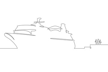 Ship's arrival at the port. Meeting on the pier. The ship is sailing. Sea transport. One continuous line drawing on a white isolated background. Minimalism linear illustration.