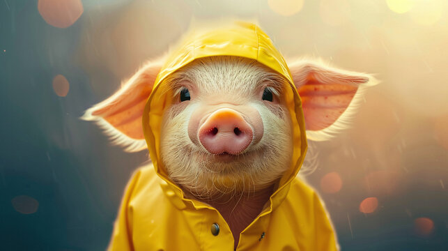 Baby Pig / Piglet in Yellow Raincoat: Cute Rainy Day Photography