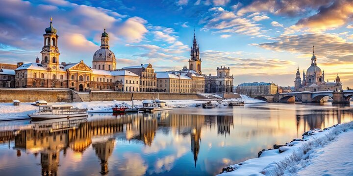 A stunning winter scene in Dresden featuring the Frauenkirche, Elbe River, Kathetrale, and blue sky with clouds