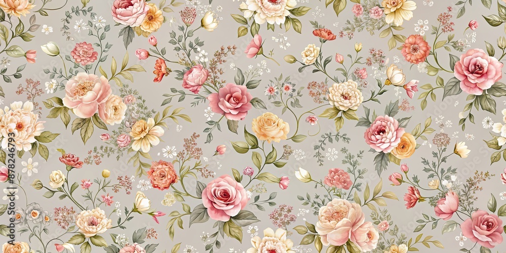 Wall mural Seamless floral pattern on light grey background, floral, seamless, pattern, background, gray, elegant, classy, design