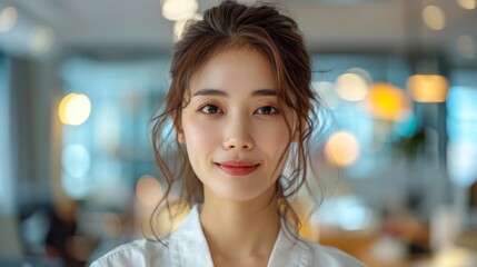A Chinese beauty stands behind the front desk of an office building with a smile to receive visiting guests.