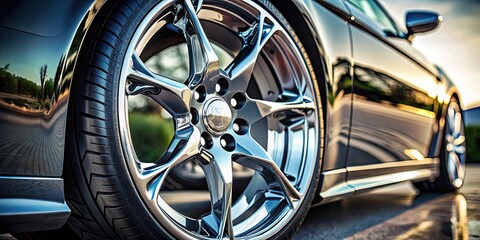 A close-up photo of a shiny chrome wheel on a sports car, automobile, tire, alloy, vehicle, transportation, car, chrome, rotation