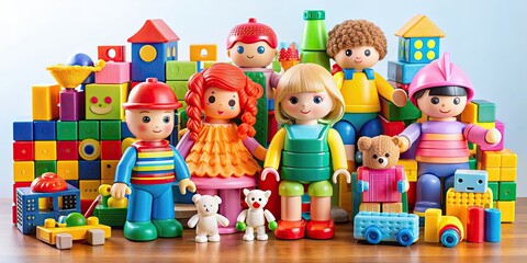 A colorful collection of various toys including dolls, action figures, and building blocks , Toy, background