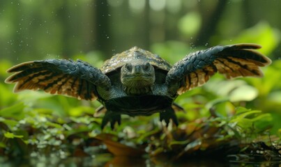 Flying Turtle - Hawk Soaring Through a Verdant Forest with Wings Outstretched. AI