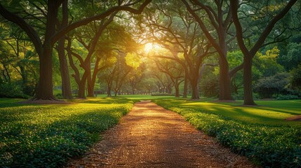 Naklejka premium Golden Path Through a Serene Forest