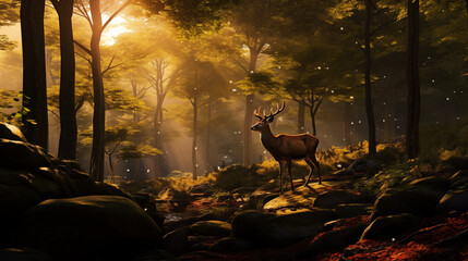 Majestic Deer in a Serene Autumn Forest with Sunlight