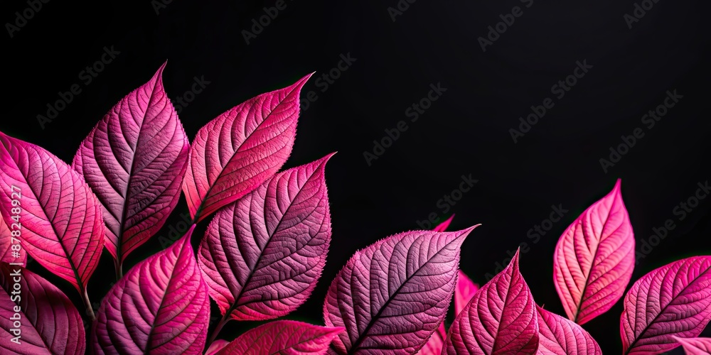 Poster Pink leaves contrasting beautifully against a black background, pink, leaves, nature, black, background, vibrant, colorful