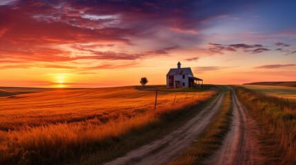 Fototapeta premium Sunset Over Countryside with a House and Fields