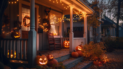 Obraz premium Halloween-decorated home porch with pumpkins and festive lights at dusk.