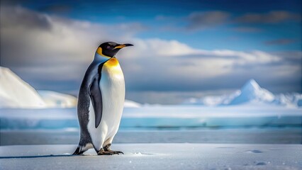 Fototapeta premium Penguin standing on snow in a winter landscape, penguin, snow, cold, Antarctic, wildlife, nature, fluffy, cute, bird, arctic