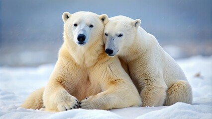 Naklejka premium Polar bears cuddling in snowy landscape, polar bear, cute, wildlife, animals, love, affection, winter, snow, white