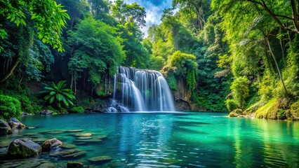 A serene waterfall cascading into a crystal clear lake surrounded by lush green trees, waterfall, trees, lake, serene