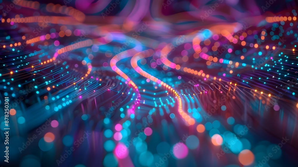 Poster a labyrinth of data streams converging in a digital nexus, where algorithms dance amidst the neon gl