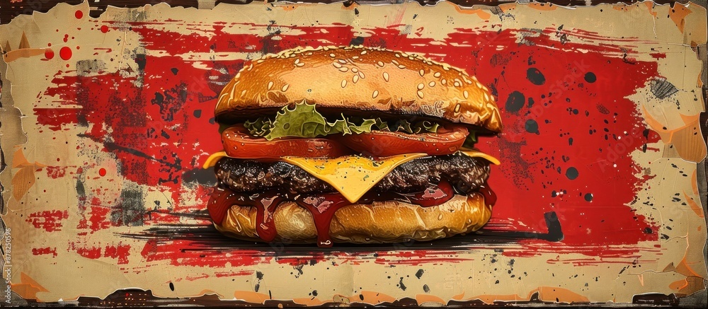 Sticker juicy cheeseburger on a rustic background