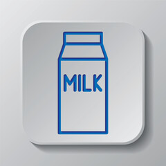 Milk package simple icon vector. Flat design. Paper cut design. Cutted blue symbol with shadow. Gray badge button, gray background