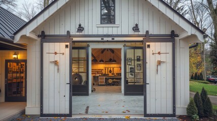 suburban farmhouse with a bespoke carpentry workshop, visible through large barn-style doors